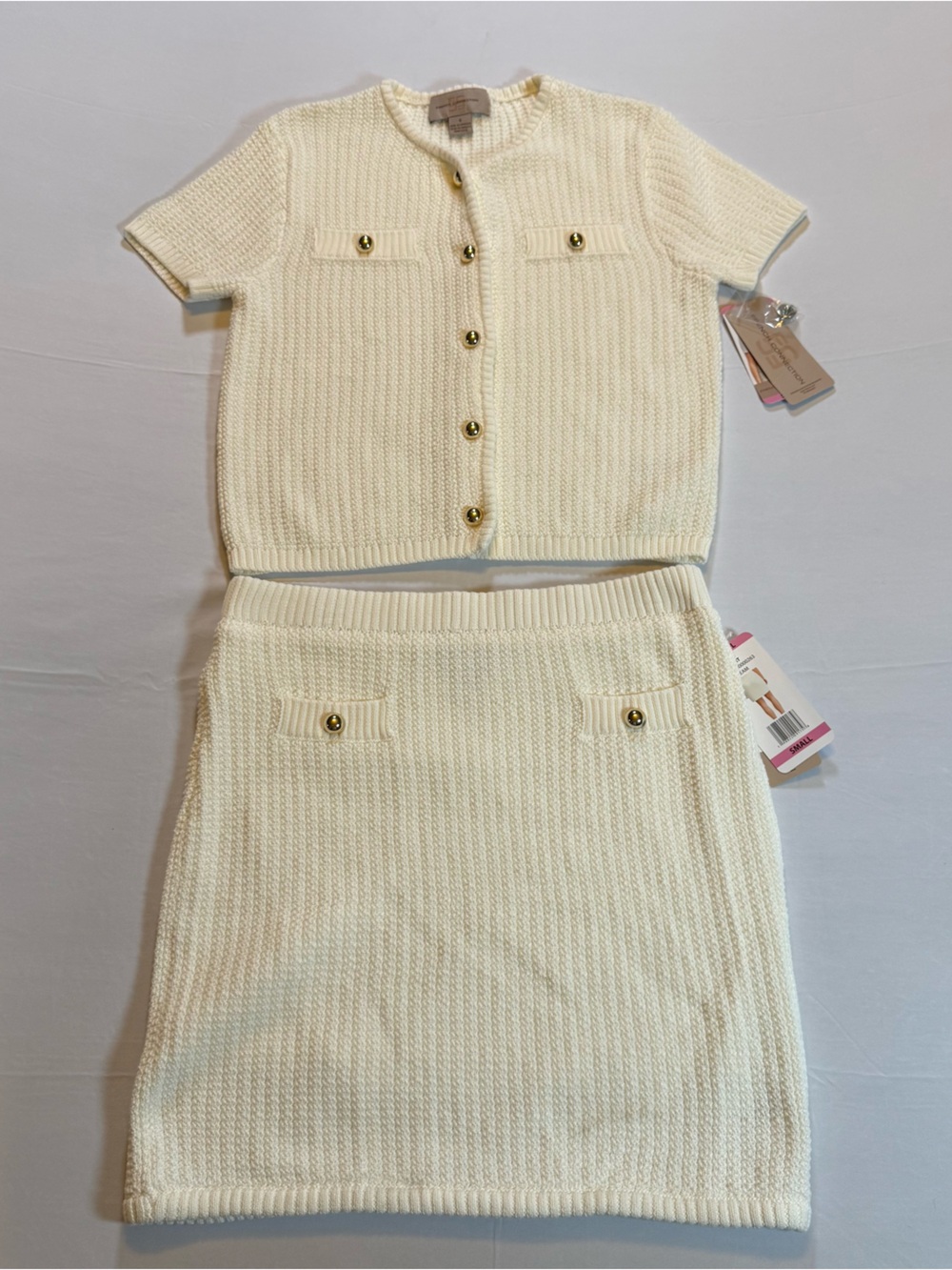 French Connection Cream Knit Matching Set Small NWT Gold Button Cardigan Skirt
